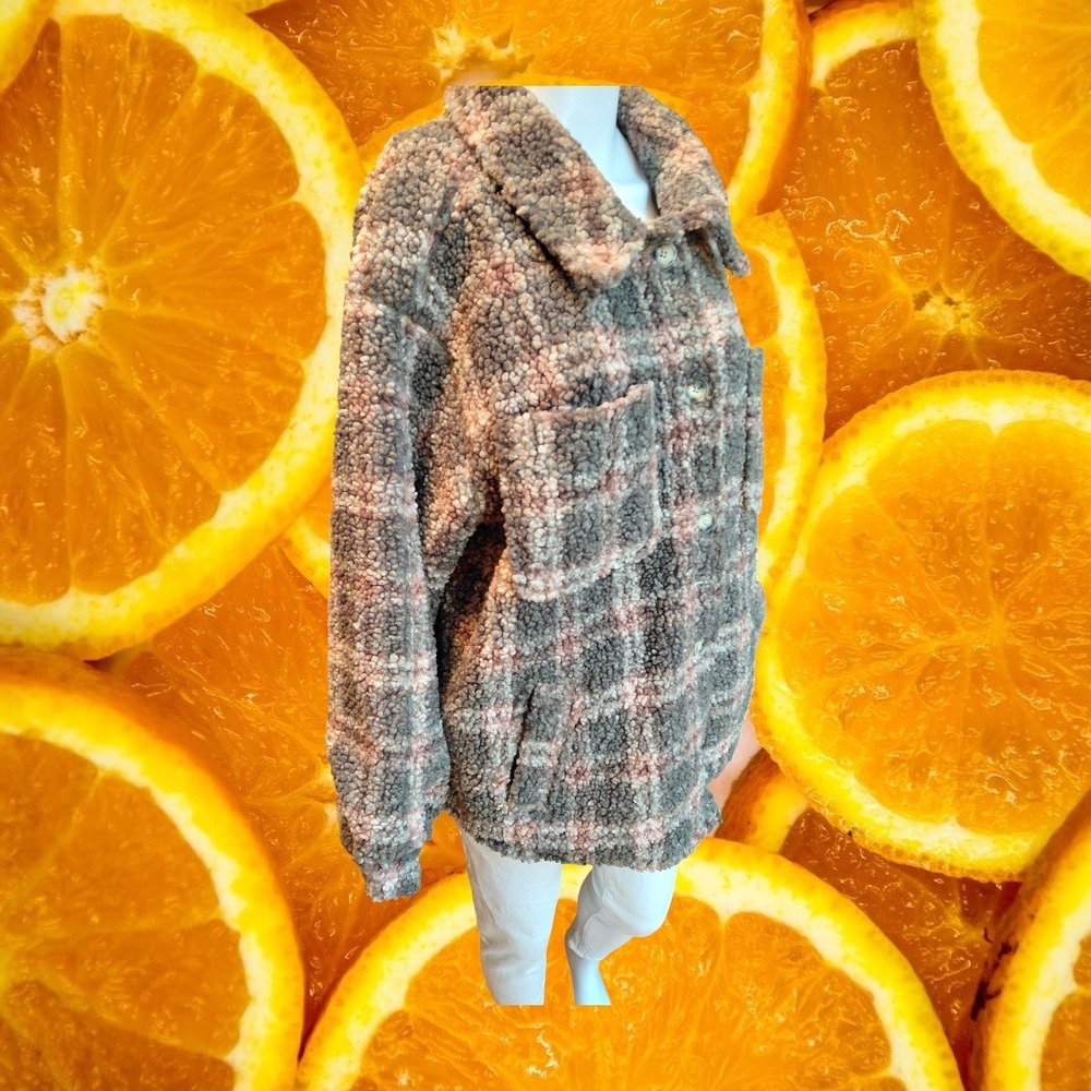 Democracy Plaid Fuzzy Fleece Lined Shirt Jacket Womens Medium Button Up